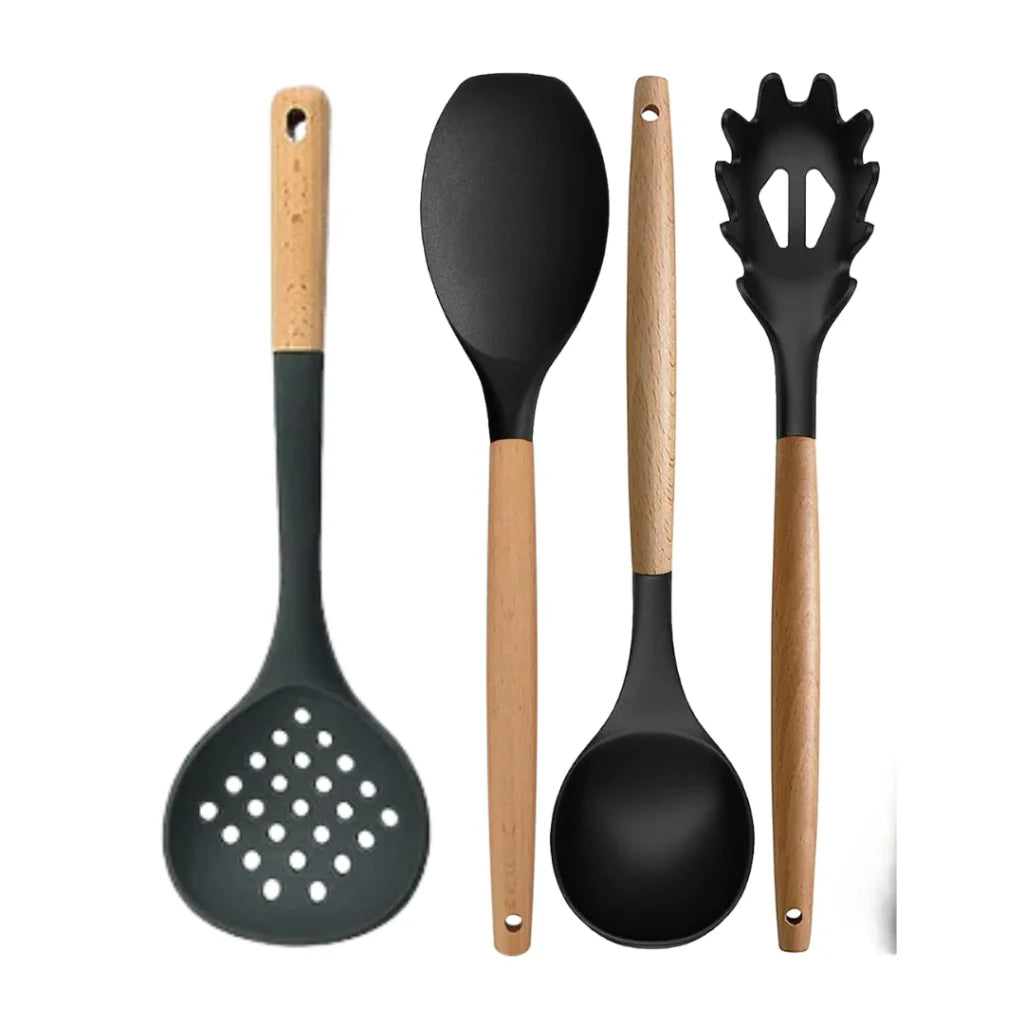 Conjunto de Utensílios de Cozinha em Silicone e Madeira – Kit com 4
